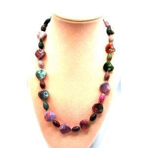 Tumbled Glossy Glass Asymmetrical Beaded Necklace With 925 Sterline Silver Clasp